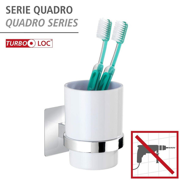 Wenko Turbo-Loc Quadro Chrome Toothbrush Holder, 7 x 10 x 9.5 cm, for Toothbrush and Toothpaste, No Drilling Required