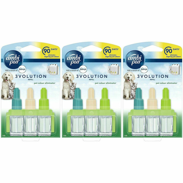 3 x Ambi Pur 3volution Air Freshener Electrical Plug in Refill Pet Odour 20ml