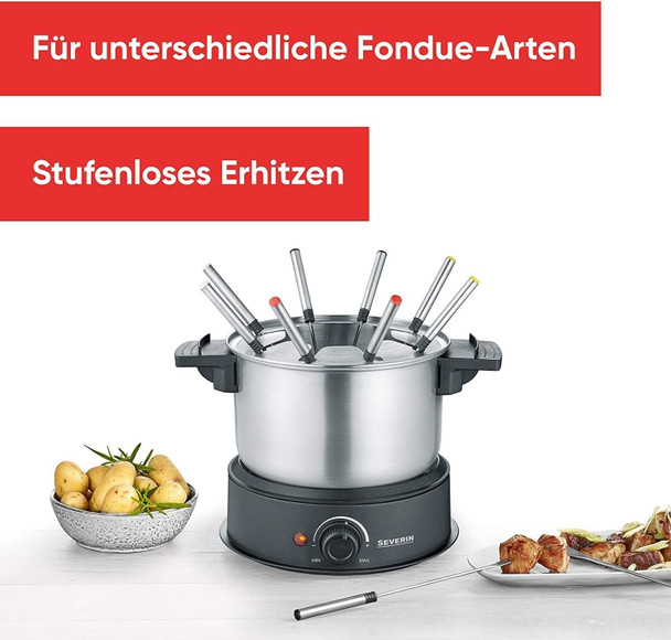 Severin Fondue Set with Thermostat & 8 Colour-coded Forks 1.40 L Black/Steel