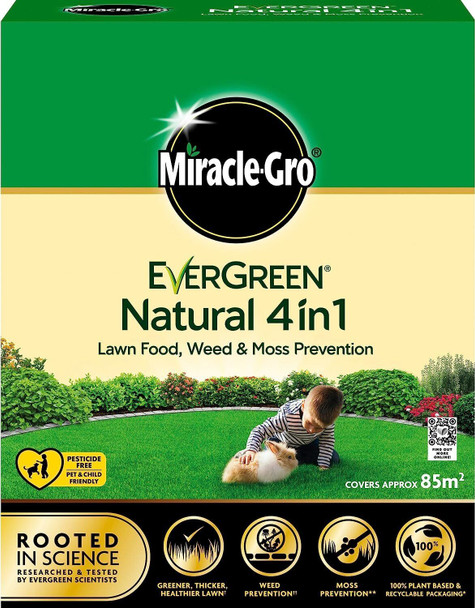 Miracle-Gro Natural 4 in1-Lawn Feed, Weed & Moss Preventor Lawn Fertiliser, 85 m2