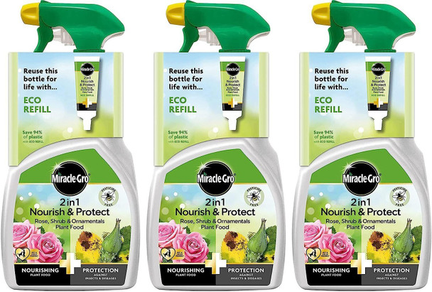 3 x Miracle-Gro 2 in 1 Nourish & Protect Rose Shrub & Ornamentals Plant Food 800ml