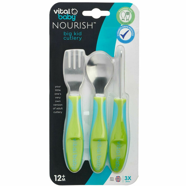 Vital Baby Nourish Big Kid Cutlery Set for Toddlers Chunky Soft Grip 3 Set, Pop