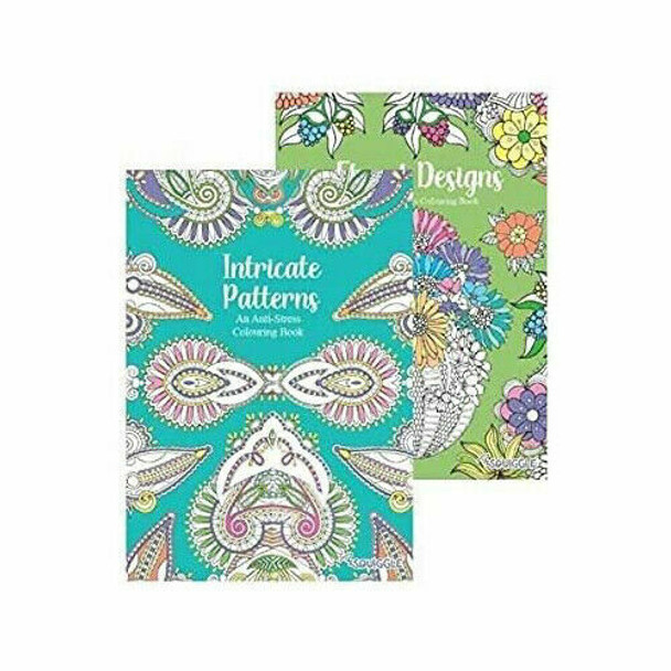 Squiggle Anti-Stress Adult Colouring Books 1 and 2, Floral and Intricate Designs