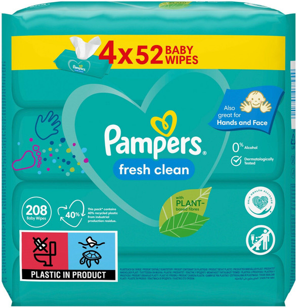 208 x Pampers Fresh Clean Scented Baby Wipes Hands & Face Plant-based 0% Alcohol