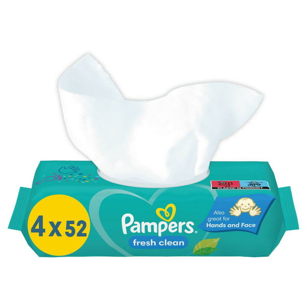 208 x Pampers Fresh Clean Scented Baby Wipes Hands & Face Plant-based 0% Alcohol