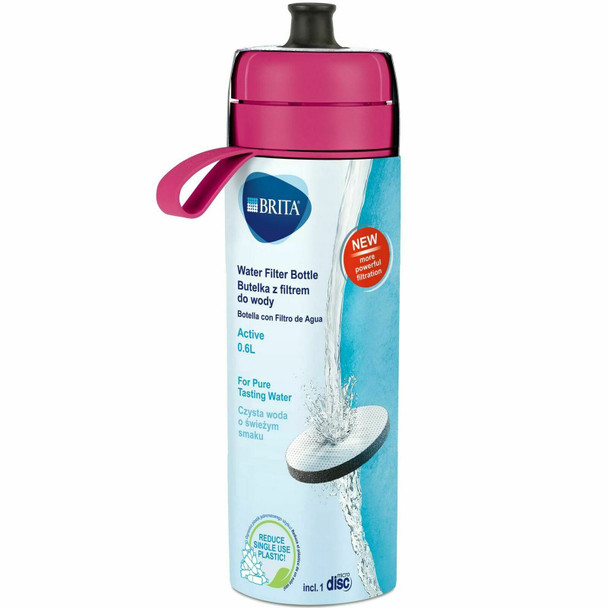 BRITA fill&go Active Water Filtration Bottle 0.6L with 1 MicroDisc Filter - Pink