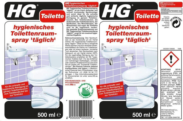 HG Hygienic Toilet Area Cleaner From Toilet Seat To Door Handle, Quick Dry 500ml