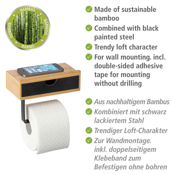 Wenko Bamboo Toilet Roll Holder with Practical Shelf & Drawer, Black, 18.5 cm