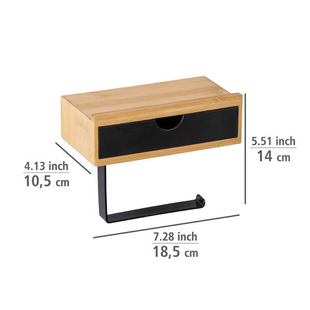 Wenko Bamboo Toilet Roll Holder with Practical Shelf & Drawer, Black, 18.5 cm