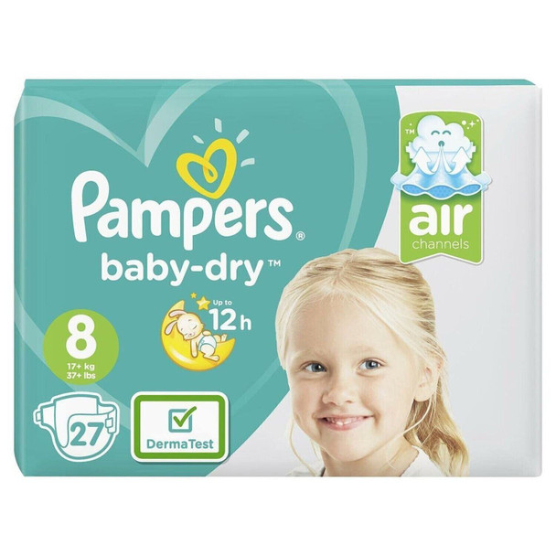 Pampers Baby Extra Dry Nappies Size 8 Essential Pack/Stretchy/Absorbent, 27 Pack