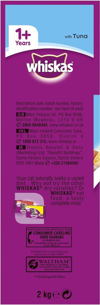 Whiskas 1+ Dry Cat Food Kibble for Adult Cats with Tuna & Salmon 2kg Bag