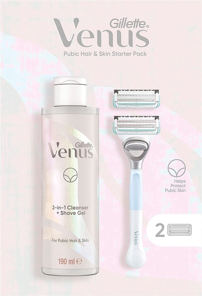 Gillette Venus for Pubic Hair & Skin Women's Razor, 2 Blade Refills and 2in1 Shave Gel and Cleanser 190ml