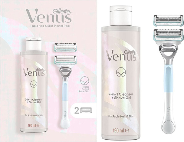 Gillette Venus for Pubic Hair & Skin Women's Razor, 2 Blade Refills and 2in1 Shave Gel and Cleanser 190ml