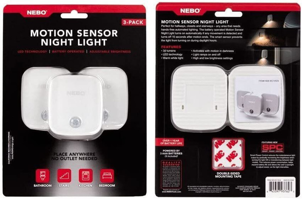 NEBO Automated Motion Sensor Night Light with Smart Power Control, 3 Pack