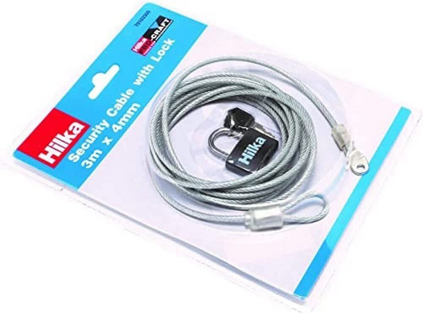 Hilka Tools Security Cable with Brass Padlock & Three Keys, 3m x 4mm Silver