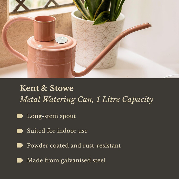 Kent & Stowe 1L Indoor Watering Can in Blush Pink, Rust-Resistant Galvanised Watering Can with Handle and Long Spout, Classic All Year Round Garden Tools Made from Steel