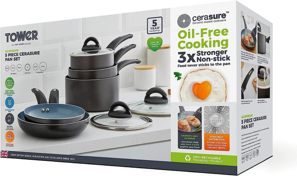 Tower Cerasure 5 Piece Pan Set with Non-Stick Coating Suitable for all Hob Types
