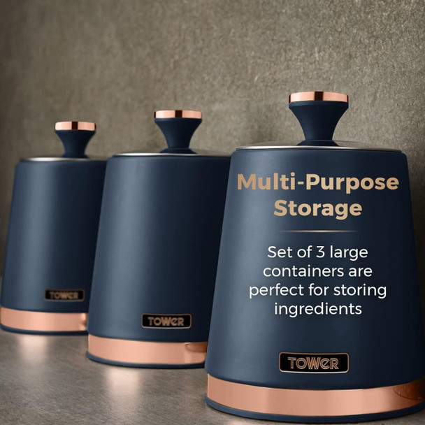 Tower T826131MNB Cavaletto Set of 3 Storage Canisters for Tea/Coffee/Sugar, Steel, Midnight Blue and Rose Gold
