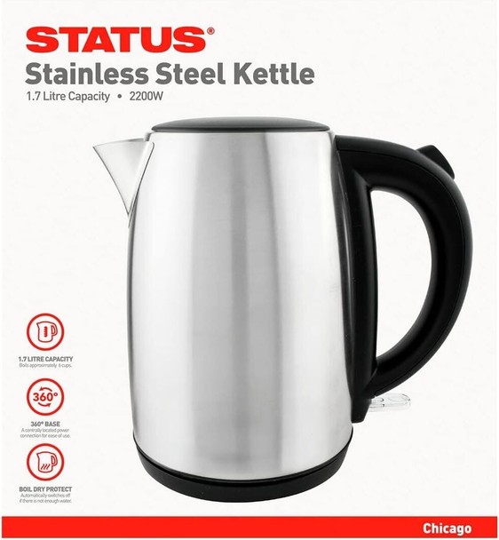 STATUS Chicago Kettle | Electric Cordless Kettle | Stainless Steel with Swivel Base | 1.7 Litre | CHICAGOKETTLE