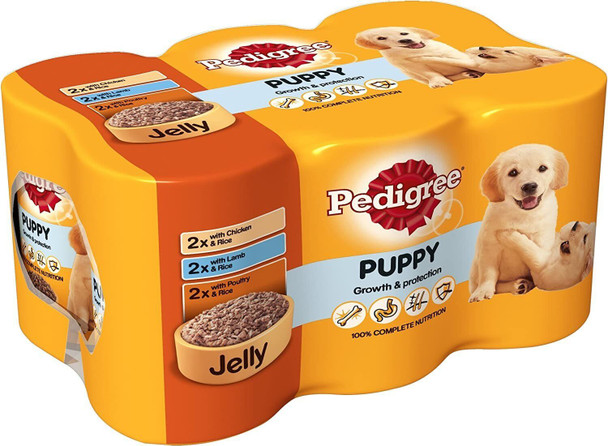 24 x Pedigree Tinned Puppy Food Chicken Poultry & Lamb with Rice in Jelly 400g