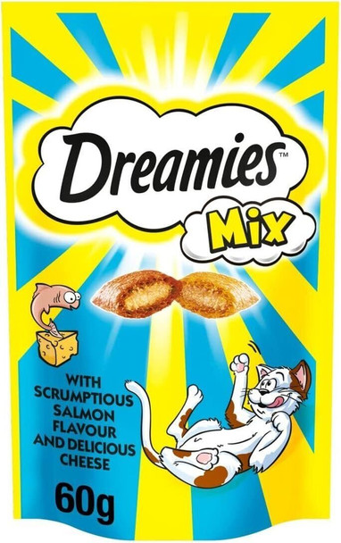 Dreamies Mix Cat Treats, tasty snacks with tempting salmon flavour & cheese, 60 g