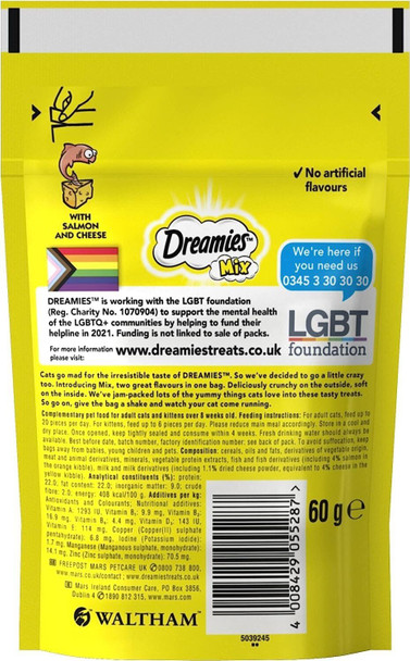 Dreamies Mix Cat Treats, tasty snacks with tempting salmon flavour & cheese, 60 g