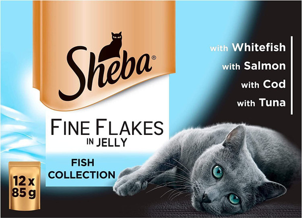 Sheba Fine Flakes in Jelly – Fish Collection – Wet cat food pouches for adult cats – 12x85g pack