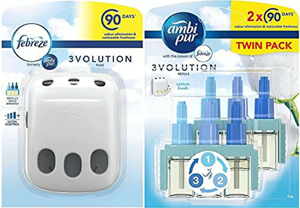 Ambi Pur Febreze 3Volution Air Freshener Plug-in Diffuser Refill Case + Febreze Ambi Pur 3Volution Air Freshener Plug-in Diffuser Refill, Odour Eliminator, Cotton Fresh, 40 ml, (20 ml x 2)