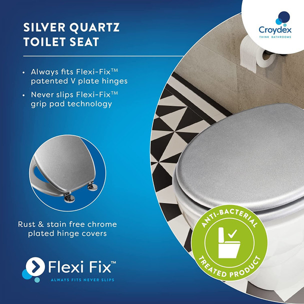 Croydex WL601840H Flexi-Fix Quartz Always Fits Never Slips Anti Bacterial Toilet Seat, Wood, Silver, 44.5 x 38 x 6 cm
