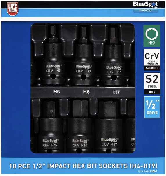 Blue Spot Tools Impact Hex Bit Socket Set Hexagon Sockets Allen Key 10-Piece 1/2"Drive H4-H19 S2 Steel
