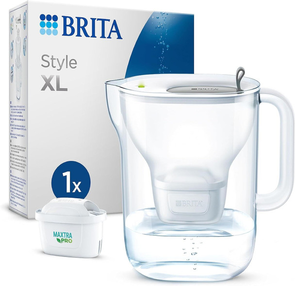 BRITA Style XL Water Filter Jug Grey (3.6L) incl. 1x MAXTRA PRO All-in-1 cartridge - large volume design jug with smart LED-LTI and Flip-Lid - now in sustainable Smart Box packaging