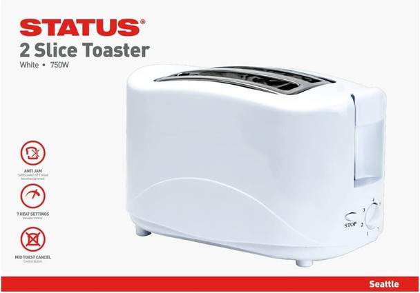 Status Seattle 2 Slice Toaster 750W White Cool Touch & Removable Crumb Tray