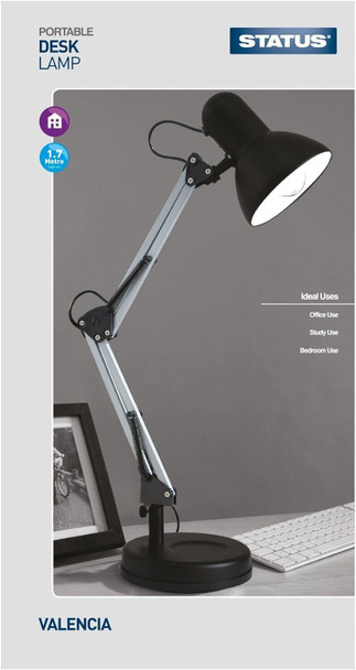Status Valencia Desk Lamp | Angled Desk Light | Black Desk Lamp | Study, Office, Bedroom | SADL2429AESB16