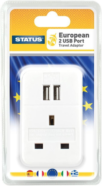 STATUS UK to EU European Plug with USB Port Adapter | 3 Pin to 2 Pin European Travel Adaptor | White 2 Port USB Adapter Plug | A2USBTEURO ST-85