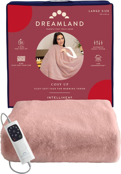 Dreamland Cosy Up Warming Electric Throw Blanket Soft Faux Pink Fur 160x120 cm