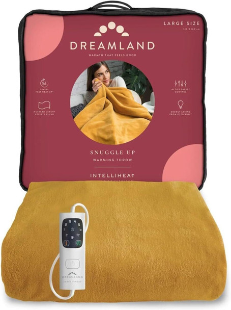 Dreamland Relaxwell Luxury Snuggle Up Warming Electric Throw/ Blanket (Intelliheat+ Fast Heat, 120 x 160 cm, Machine Washable, 6 Temperature Settings, Safety controls, 1 Detachable control) Mustard