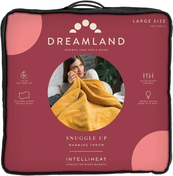 Dreamland Relaxwell Luxury Snuggle Up Warming Electric Throw/ Blanket (Intelliheat+ Fast Heat, 120 x 160 cm, Machine Washable, 6 Temperature Settings, Safety controls, 1 Detachable control) Mustard