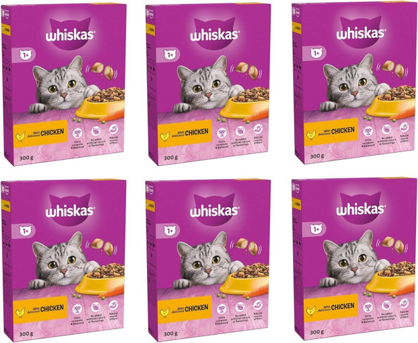 Pack of 6 Chicken Adult Dry Cat Food 300g - Complete dry pet food for adult cats 1+ One Plus 6x300g=1800g