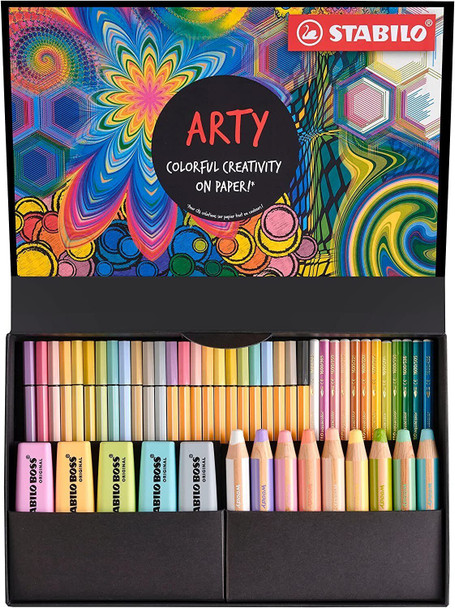 Pen Set - STABILO Creative Set Pastel - BOSS ORIGINAL Pastel, woody 3 in 1, STABILOaquacolor, Pen 68 & point 88 - ARTY - Pack of 50 - Assorted Colours