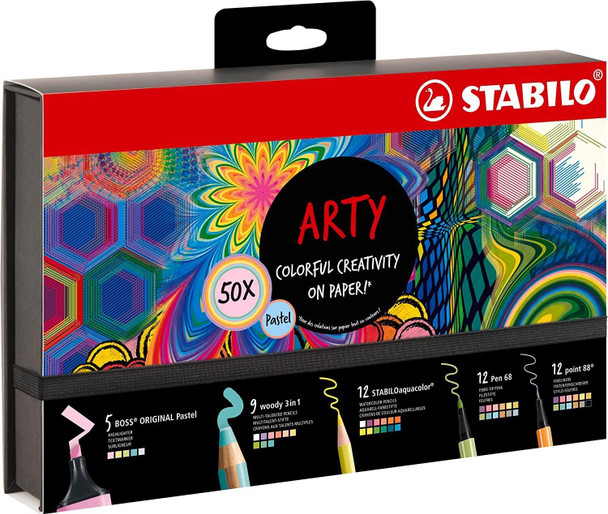 Pen Set - STABILO Creative Set Pastel - BOSS ORIGINAL Pastel, woody 3 in 1, STABILOaquacolor, Pen 68 & point 88 - ARTY - Pack of 50 - Assorted Colours