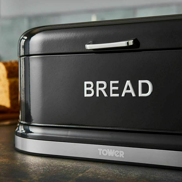 Tower Belle Bread Bin with Embossed Chrome Lettering, Noir Steel with Hinged Lid