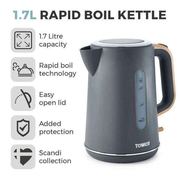 Tower Scandi 3000W 1.7L Rapid Fast Boil Kettle Matt Grey with Wood Effect Handle