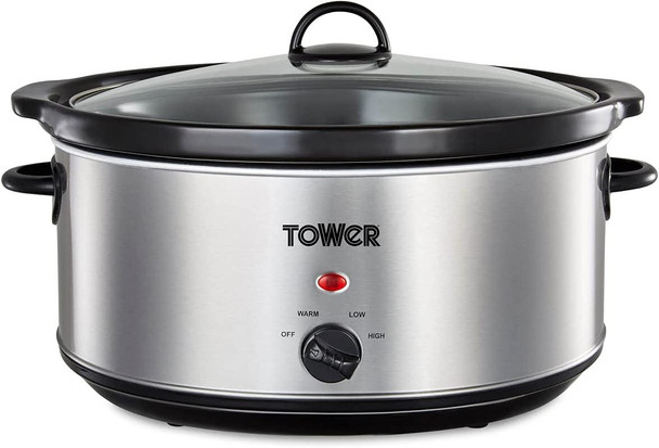 Tower 6.5L Slow Cooker with Removable Crock Pot Glass Lid & 3 Heat Settings 320w