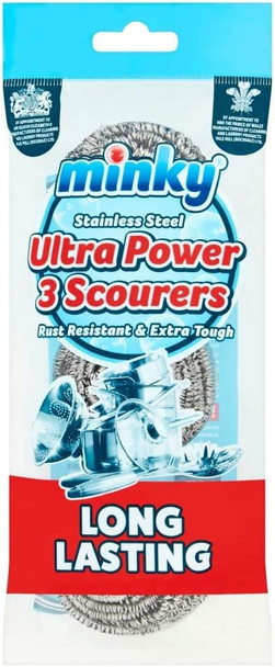 Minky Stainless Steel Scourers Ultra Power Rust Resistant & Extra Tough 3 Pack