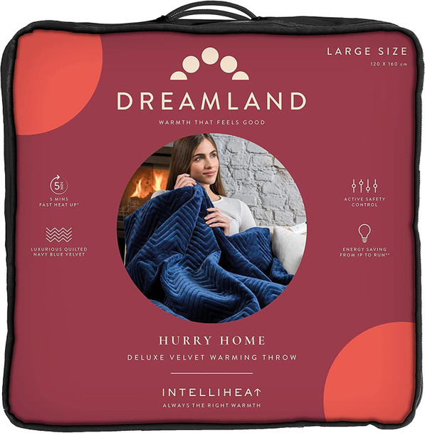 Dreamland Home Deluxe Quilted Heated Throw Blanket Navy Blue Velvet 120 x 160 cm