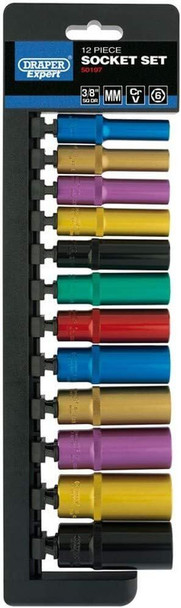 Draper 50197 Square Drive Metric Coloured Deep Socket 12 Pieces Set, 3/8" Length , Blue