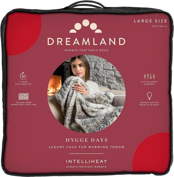 Dreamland Hygge Days Luxury Faux Fur Warming Throw/Electric Blanket (Intelliheat Technology, 6 Heat Settings, Machine Washable, 1/3/9-hour auto timer, 160 x 120 cm, Fast heat up) Fallow Deer Print
