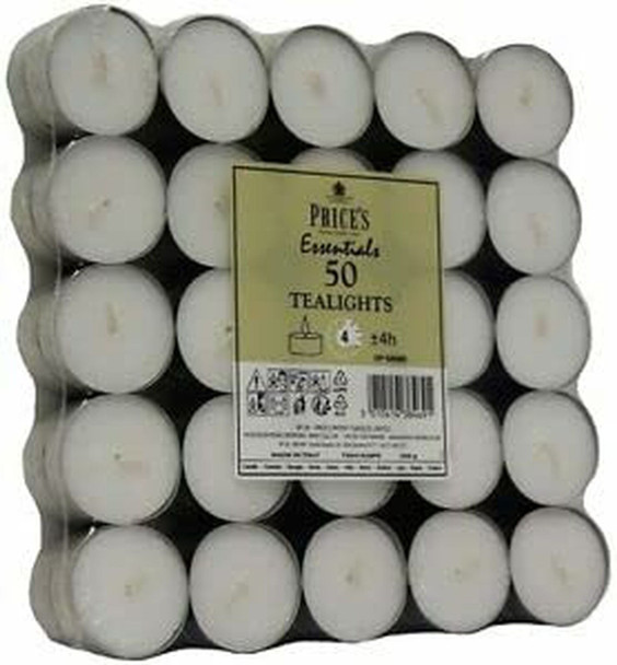 Prices Patent Candles White Tealights Bag, Pack of 50, Wax, l x 3.8cm w x 1.8cm h