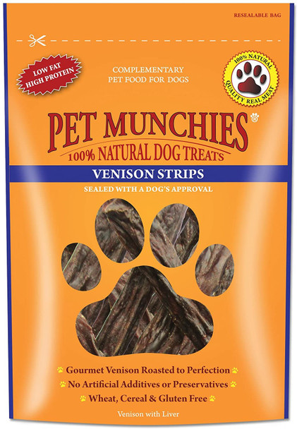 Pet Munchies Venison Strips Dog Treats, Premium Wheat Free Dog Chews with Natural Real Meat, Low in Fat and High in Protein 75g (Pack of 8)