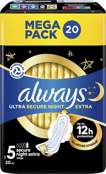5 x Always Ultra Sanitary Towel Pads with Wings Secure Night Size 5, 20 Pack